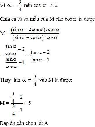 Cho tan alpha=3/4. Giá trị biểu thức M=sin alpha-2cos alpha/sin alpha-cos alpha (ảnh 1)