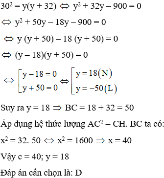 Tìm x; y trong hình vẽ sau x = 30; y = 28 x=2 căn 481, y=225/8  C. x = 18; y = 40 (ảnh 2)