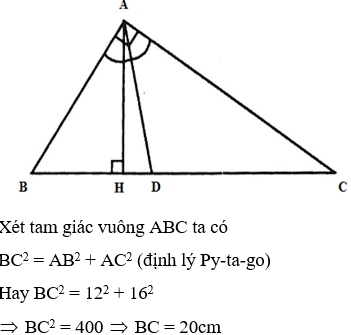 Cho tam giác ABC vuông tại A, AB = 12cm, AC = 16cm, tia phân giác AD đường cao AH. Tính HD. (ảnh 1)