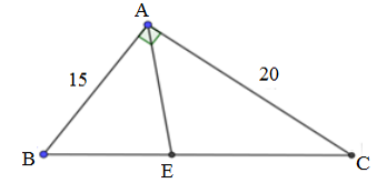 Cho tam giác ABC vuông tại A, AB = 15cm; AC = 20cm Phân giác của góc A cắt BC tại E (ảnh 1)