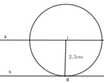 Cho a, b là hai đường thẳng song song và cách nhau một khoảng 2,5cm. Lấy điểm I trên a và vẽ đường tròn (ảnh 1)