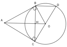 Hai tiếp tuyến tại B và C của đường tròn (O) cắt nhau tại A. Biết OB = 3cm ; OA = 5cm. Vẽ đường kính CD của (ảnh 1)
