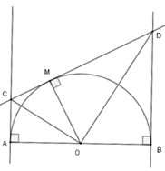 Cho nửa đường tròn tâm O, đường kính AB. Vẽ các tiếp tuyến Ax, By với nửa đường tròn cùng phía đối với AB (ảnh 1)