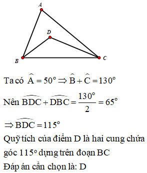 Cho tam giác ABC có BC cố định và góc A bằng 50 độ. Gọi D là giao điểm của ba đường phân giác (ảnh 1)