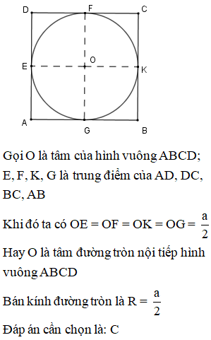 Đường tròn nội tiếp hình vuông cạnh a có bán kính là  A. a căn 2  B. a căn 2/ 2 (ảnh 1)