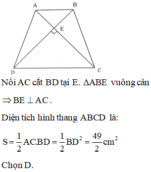 Cho hình thang cân ABCD (AB // CD). Biết BD = 7 cm góc ABD bằng 45 độ (ảnh 1)