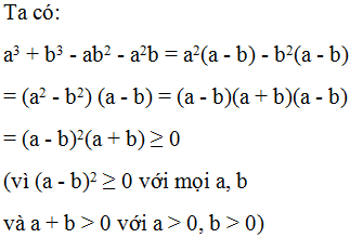 Bất đẳng thức nào sau đây đúng với mọi a > 0, b > 0? A.  a^3 + b^3 - ab^2 - a^2b < 0 (ảnh 1)