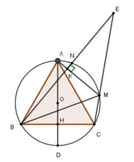 Cho tam giác đều ABC nội tiếp đường tròn (O;R). Kẻ đường kính AD cắt BC tại H. Gọi M là một điểm (ảnh 1)