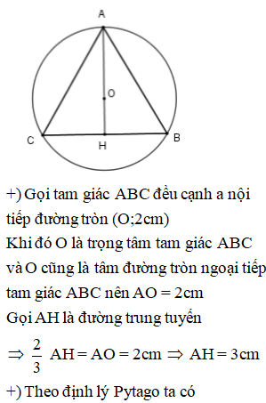 Tính diện tích tam giác đều nội tiếp đường tròn (O;2cm)  A. 6 cm^ 2  B. 6 căn 3 cm^2 (ảnh 1)