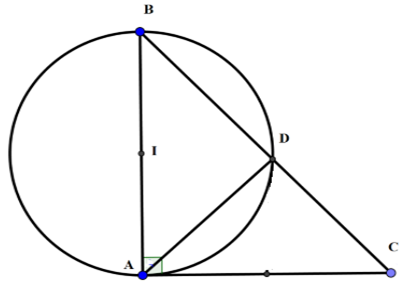 Cho tam giác ABC vuông tại A, cạnh AB = 4cm, góc B = 50 độ Đường tròn tâm I, đường kính AB cắt BC ở D (ảnh 1)