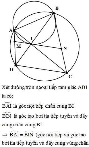 Tứ giác ABCD nội tiếp (O). Hai đường chéo AC và BD cắt nhau tại I Vẽ đường tròn ngoại tiếp tam giác ABI. (ảnh 1)