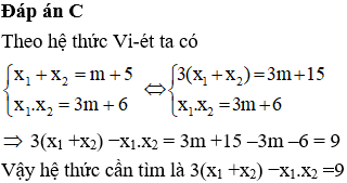 Biết rằng phương trình x^2 – (m + 5)x + 3m + 6 = 0 luôn có hai nghiệm x1, x2 Tìm hệ thức liên hệ (ảnh 1)