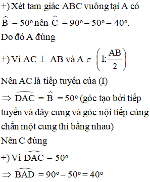 Cho tam giác ABC vuông tại A, cạnh AB = 4cm, góc B = 50 độ Đường tròn tâm I, đường kính AB cắt BC ở D (ảnh 2)