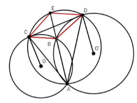 Cho hai đường tròn (O) và (O’) cắt nhau tại A và B Một đường thẳng tiếp xúc với (O) tại C, (ảnh 1)