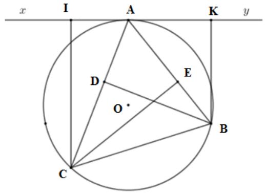 Cho tam giác giác nhọn ABC (AB < AC) nội tiếp (O; R) Gọi BD, CE là hai đường cao của tam giác. (ảnh 1)