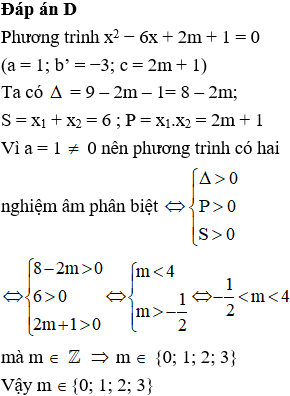 Tìm các giá trị nguyên của m để phương trình x^2 − 6x + 2m + 1 = 0 có hai nghiệm nghiệm phân biệt (ảnh 1)