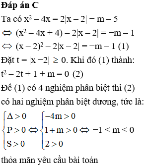 Cho phương trình x^2 – 4x = 2|x – 2| − m – 5, với m là tham số. Xác định m để phương trình có bốn nghiệm (ảnh 1)