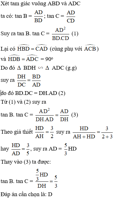 Cho tam giác nhọn ABC hai đường cao AD và BE cắt nhau tại H Biết HD : HA = 3 : 2. (ảnh 2)