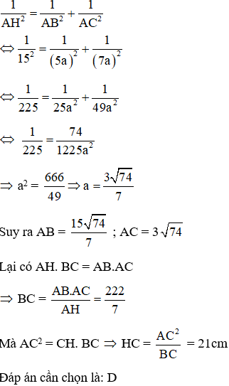 Cho tam giác ABC vuông tại A. Biết AB/AC=5/7. Đường cao Ah=15cm Tính HC (ảnh 2)