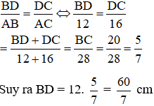 Cho tam giác ABC vuông tại A, AB = 12cm, AC = 16cm, tia phân giác AD đường cao AH. Tính HD. (ảnh 2)