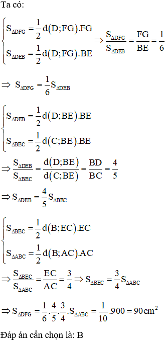 Cho tam giác ABC có diện tích là 900cm vuông. Điểm D ở giữa BC sao cho BC = 5DC, điểm E ở giữa AC (ảnh 2)
