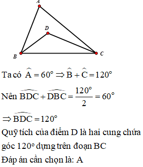 Cho tam giác ABC có BC cố định và góc A bằng 60 độ. Gọi D là là giao điểm của ba đường phân giác (ảnh 1)