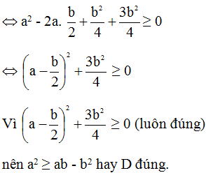 Với a, b bất kỳ. Chọn khẳng định sai? A. a^2 + 3 > -2a  B. 4a+4 bé hơn bằng a^2+8 (ảnh 2)