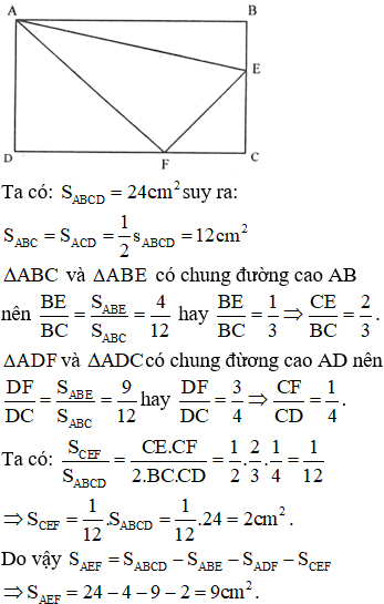 Cho hình chữ nhật ABCD có diện tích 24cm^2. Lấy điểm E thuộc BC và F thuộc CD (ảnh 1)