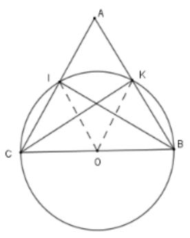 Cho tam giác ABC cân tại A. Vẽ đường tròn tâm O, đường kính BC . Đường tròn (O) cắt AB, AC (ảnh 1)