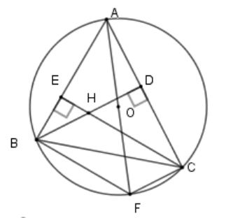 Cho tam giác ABC nhọn nội tiếp (O). Hai đường cao BD và CE cắt nhau tại H. Vẽ đường kính AF. (ảnh 1)