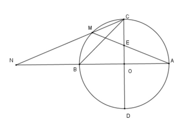 Dây AM cắt OC tại E,dây CM cắt đường thẳng AB tại N. Tam giác MCE là tam giác gì (ảnh 1)