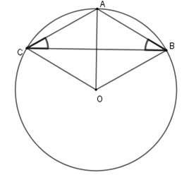 Cho tam giác ABC có AB = AC = 3cm, góc A = 120 độ Tính độ dài đường tròn ngoại tiếp tam giác ABC (ảnh 1)