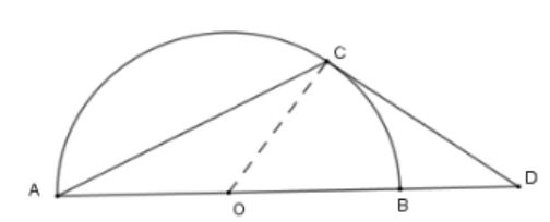 nửa đường tròn cắt đường thẳng AB tại D. Biết tam giác ADC cân tại C. Tính góc ADC (ảnh 1)