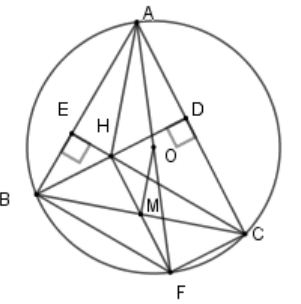 Cho tam giác ABC nhọn nội tiếp (O). Hai đường cao BD và CE cắt nhau tại H. Vẽ đường kính AF (ảnh 1)