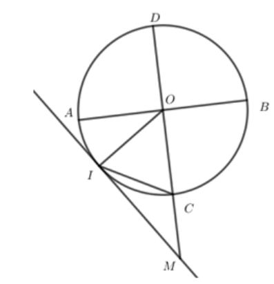 Cho đường tròn (O; R) có hai đường kính AB và CD vuông góc Gọi I là điểm trên cung AC (ảnh 1)