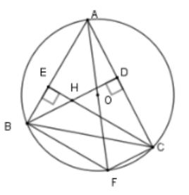 Hai đường cao BD và CE cắt nhau tại H. Vẽ đường kính AF. Hệ thức nào dưới đây là đúng (ảnh 1)