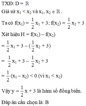 Hàm số y = 1/2 x + 3 là hàm số? Hàm hằng  Đồng biến  Nghịch biến (ảnh 1)