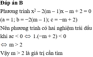 Tìm các giá trị của m để phương trình x^2 – 2(m – 1)x – m + 2 = 0 có hai nghiệm trái dấu. (ảnh 1)