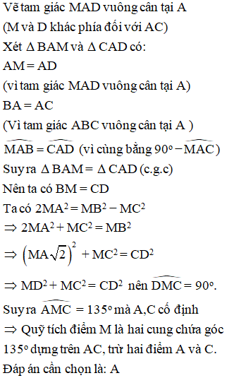 Cho tam giác ABC vuông cân tại A. Tìm quỹ tích các điểm M nằm 2MA^2= MB^2- MC^2 (ảnh 2)
