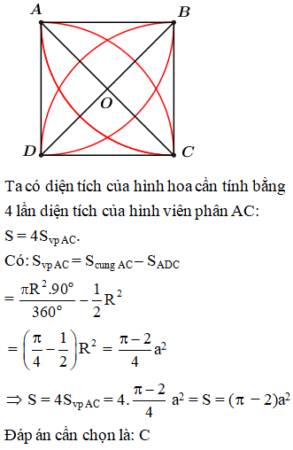 Cho A, B, C, D là 4 đỉnh của hình vuông có cạnh là a. Tính diện tích của hình hoa 4 cánh giới hạn (ảnh 1)