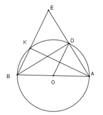 Cho (O), đường kính AB, điểm D thuộc đường tròn sao cho  = 50 độ Gọi K là giao điểm của EB (O). Chọn khẳng định đúng (ảnh 1)