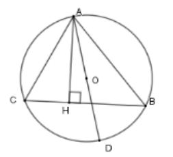 Cho tam giác ABC nội tiếp đường tròn (O; R) biết AB = 9cm, AC = 12cm, AH = 4cm. Tính bán kính của đường tròn (O) (ảnh 1)