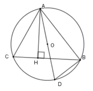 Cho tam giác ABC có AB = 5cm; AC = 3cm đường cao AH và nội tiếp trong đường tròn tâm (O), (ảnh 1)