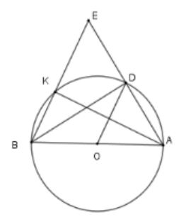 Cho (O), đường kính AB, điểm D thuộc đường tròn Gọi K là giao điểm của EB với (O). Chọn khẳng định sai (ảnh 1)
