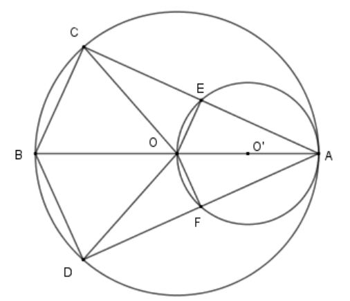 Cho đường tròn (O) đường kính AB và đường tròn (O’) đường kính AO Các điểm C, D thuộc đường tròn (ảnh 1)