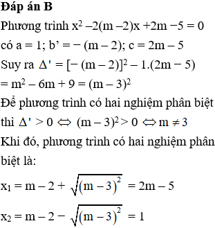 Trong trường hợp phương trình x^2 – 2(m – 2)x + 2m − 5 = 0 có hai nghiệm phân biệt. Hai nghiệm (ảnh 1)