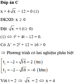 Tập nghiệm của phương trình x + 4(căn bậc hai của x) − 12 = 0 là A. S = {36}  B. S = {4; 36} (ảnh 1)