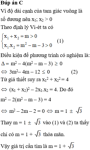 Tìm các giá trị của m để phương trình x^2 – mx + m^2 – m – 3 = 0 có hai nghiệmx1; x2 là độ dài các cạnh góc vuông (ảnh 1)