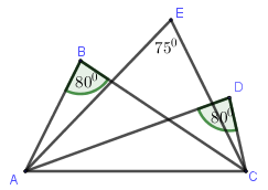 Cho hình vẽ sau, chọn kết luận đúng: Điểm E thuộc cung chứa góc 80 độ dựng trên đoạn AC (ảnh 1)