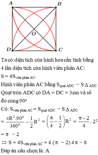 Cho A, B, C, D là 4 đỉnh của hình vuông có cạnh là 2 cm. Tính diện tích của hình hoa 4 cánh giới hạn (ảnh 1)